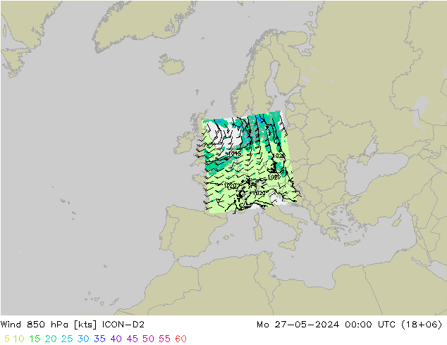 Vento 850 hPa ICON-D2 Seg 27.05.2024 00 UTC