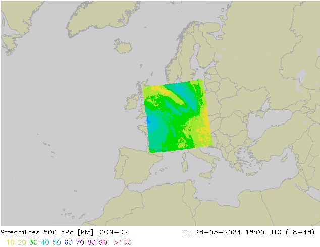 Ligne de courant 500 hPa ICON-D2 mar 28.05.2024 18 UTC