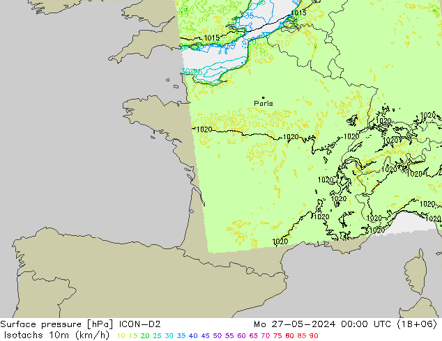 Isotachen (km/h) ICON-D2 Mo 27.05.2024 00 UTC