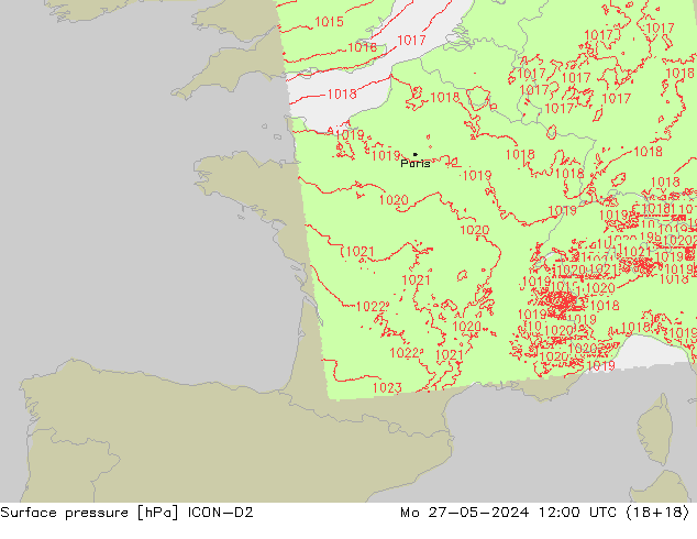 Surface pressure ICON-D2 Mo 27.05.2024 12 UTC