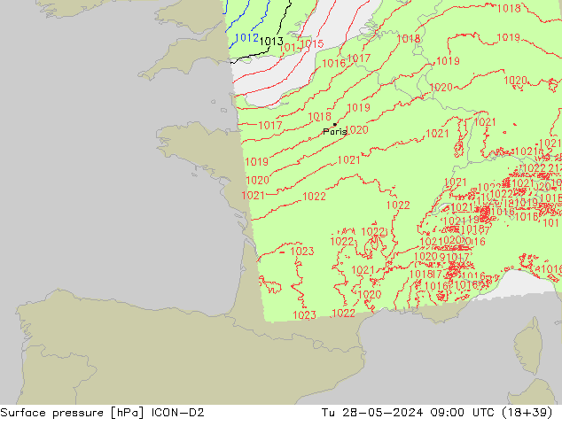 приземное давление ICON-D2 вт 28.05.2024 09 UTC