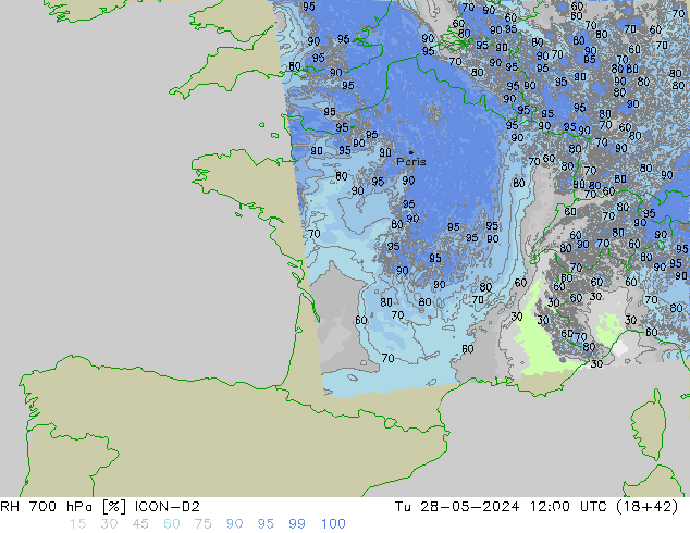 RH 700 hPa ICON-D2 Tu 28.05.2024 12 UTC