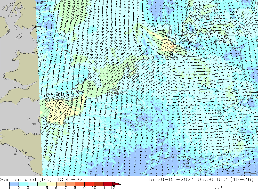 Surface wind (bft) ICON-D2 Tu 28.05.2024 06 UTC