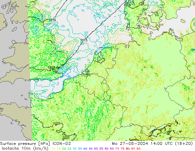 Isotachen (km/h) ICON-D2 Mo 27.05.2024 14 UTC