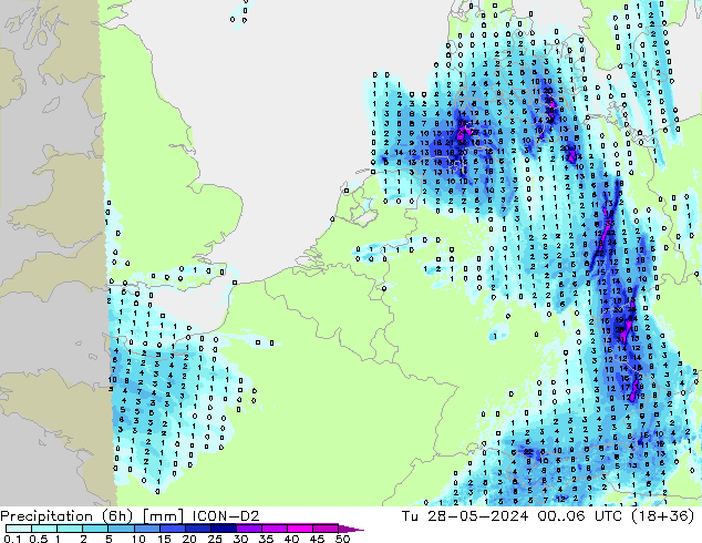 Precipitación (6h) ICON-D2 mar 28.05.2024 06 UTC