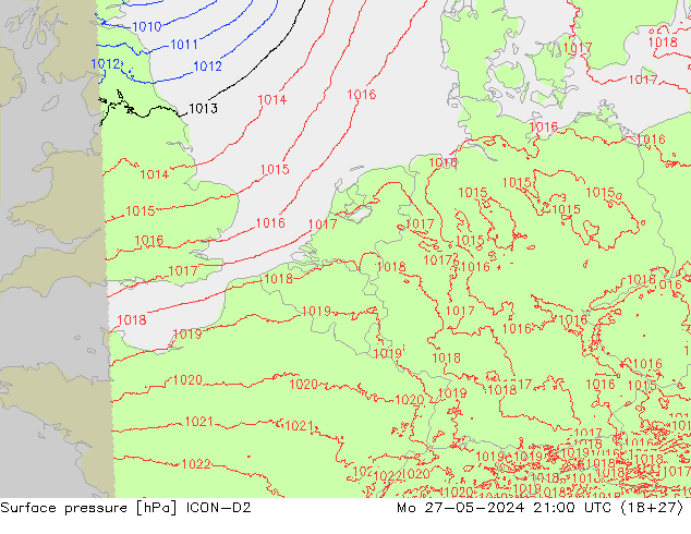 Presión superficial ICON-D2 lun 27.05.2024 21 UTC