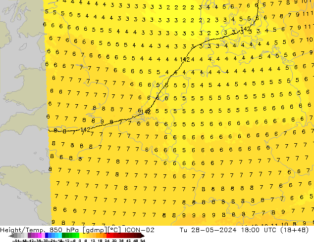 Height/Temp. 850 hPa ICON-D2 Di 28.05.2024 18 UTC