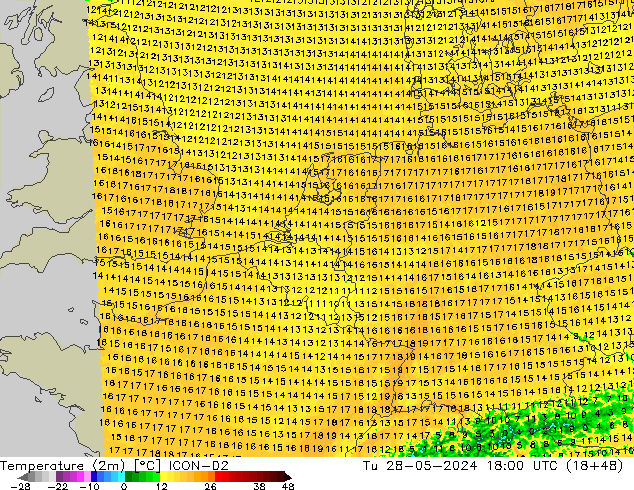 карта температуры ICON-D2 вт 28.05.2024 18 UTC