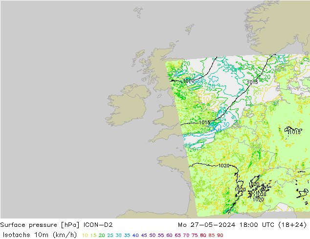 Isotachs (kph) ICON-D2 Mo 27.05.2024 18 UTC