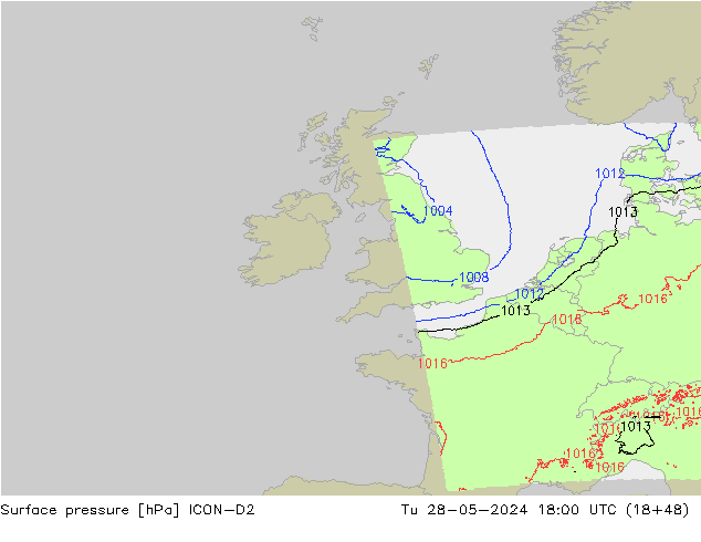 Presión superficial ICON-D2 mar 28.05.2024 18 UTC