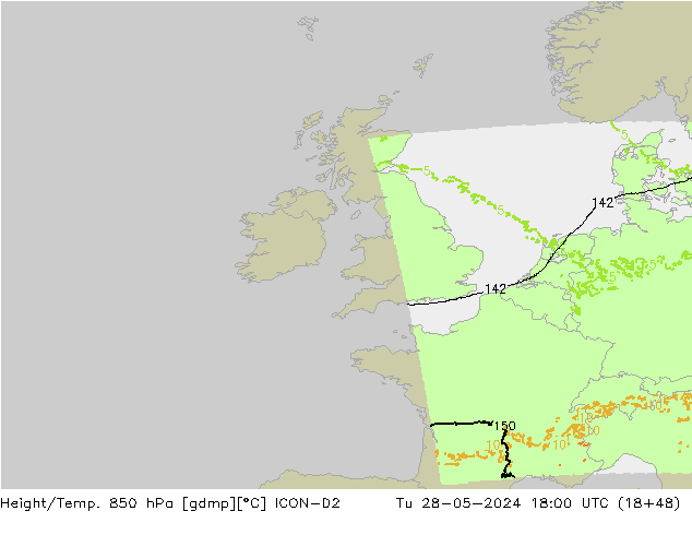Height/Temp. 850 hPa ICON-D2 Tu 28.05.2024 18 UTC