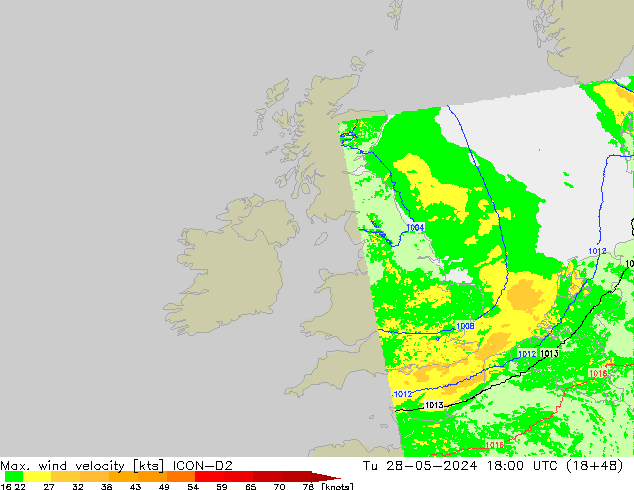 Max. wind velocity ICON-D2 вт 28.05.2024 18 UTC