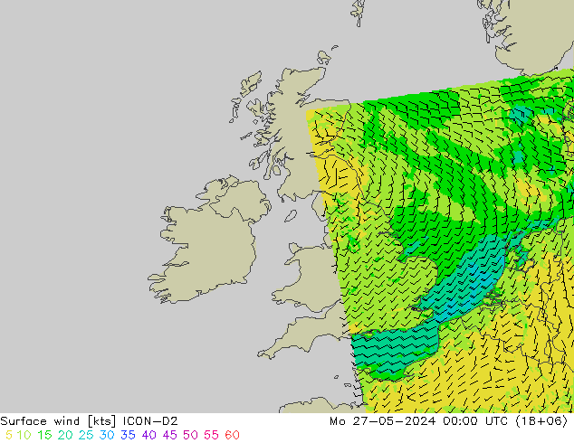 wiatr 10 m ICON-D2 pon. 27.05.2024 00 UTC