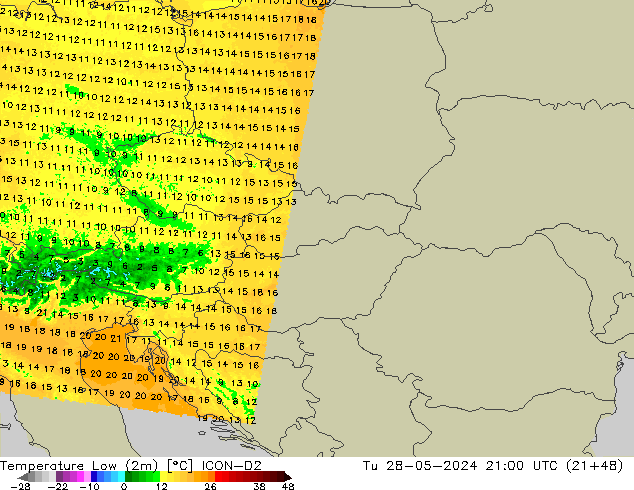 Temperature Low (2m) ICON-D2 Tu 28.05.2024 21 UTC