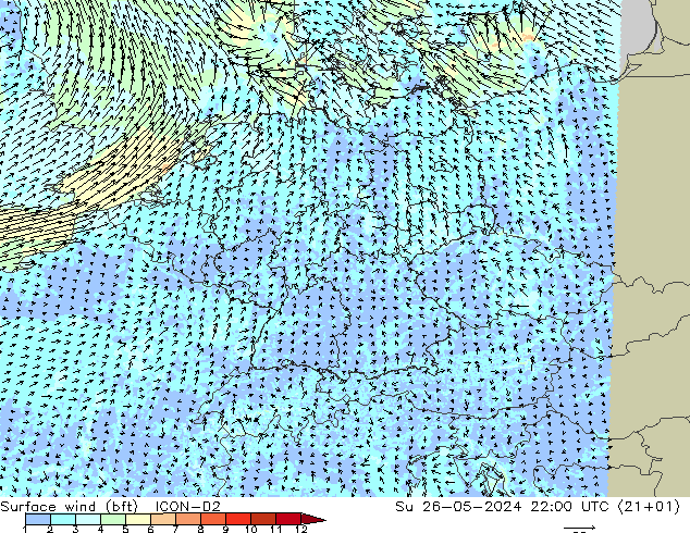 wiatr 10 m (bft) ICON-D2 nie. 26.05.2024 22 UTC