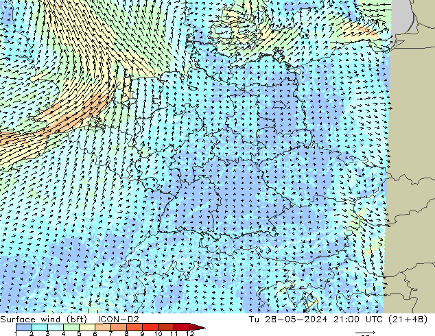 Surface wind (bft) ICON-D2 Tu 28.05.2024 21 UTC
