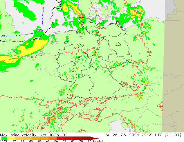 Max. wind velocity ICON-D2 nie. 26.05.2024 22 UTC