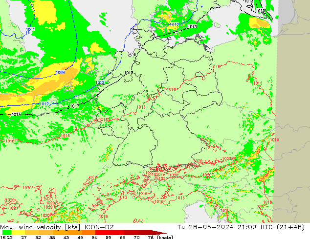 Max. wind velocity ICON-D2 Tu 28.05.2024 21 UTC