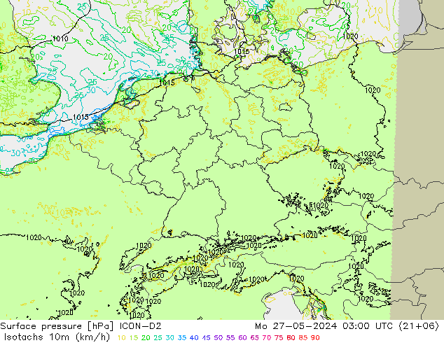 Izotacha (km/godz) ICON-D2 pon. 27.05.2024 03 UTC