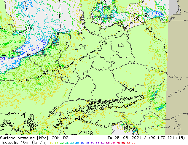 Eşrüzgar Hızları (km/sa) ICON-D2 Sa 28.05.2024 21 UTC