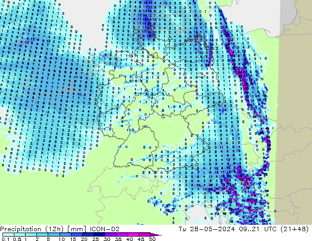 Precipitation (12h) ICON-D2 Tu 28.05.2024 21 UTC