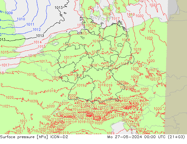 Pressione al suolo ICON-D2 lun 27.05.2024 00 UTC