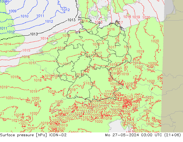地面气压 ICON-D2 星期一 27.05.2024 03 UTC