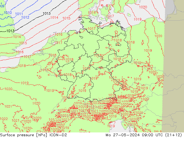 Surface pressure ICON-D2 Mo 27.05.2024 09 UTC