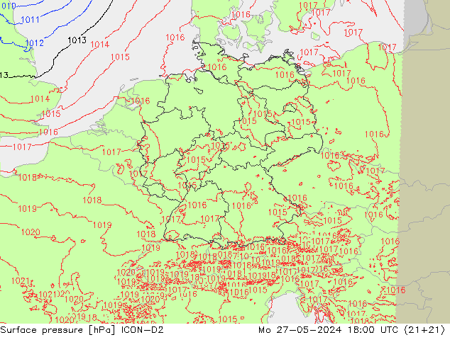 Pressione al suolo ICON-D2 lun 27.05.2024 18 UTC