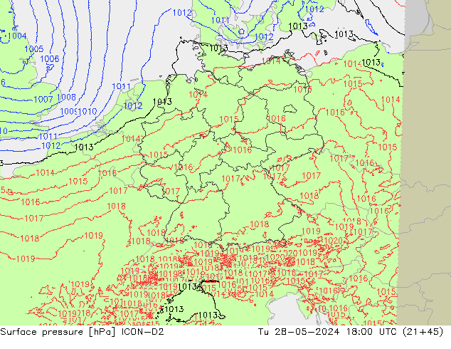 Surface pressure ICON-D2 Tu 28.05.2024 18 UTC