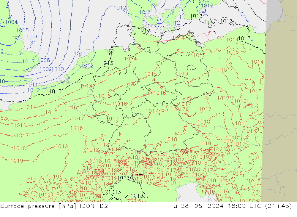 pressão do solo ICON-D2 Ter 28.05.2024 18 UTC