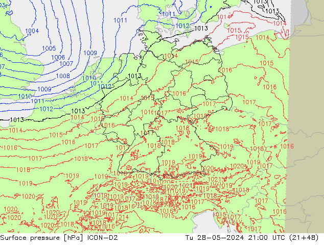 Surface pressure ICON-D2 Tu 28.05.2024 21 UTC