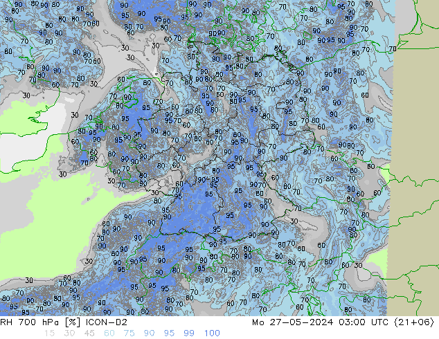 RH 700 hPa ICON-D2 Mo 27.05.2024 03 UTC