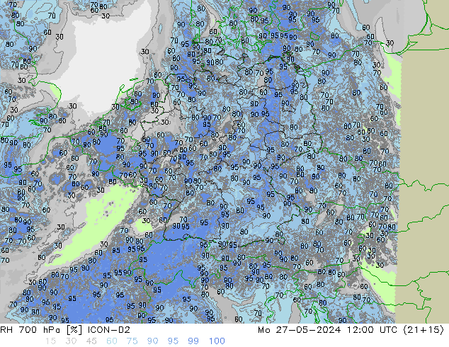 Humidité rel. 700 hPa ICON-D2 lun 27.05.2024 12 UTC