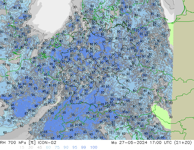 Humidité rel. 700 hPa ICON-D2 lun 27.05.2024 17 UTC