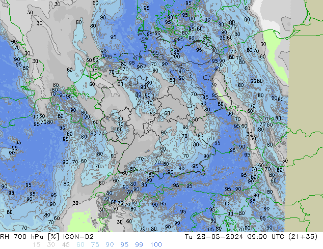 Humidité rel. 700 hPa ICON-D2 mar 28.05.2024 09 UTC