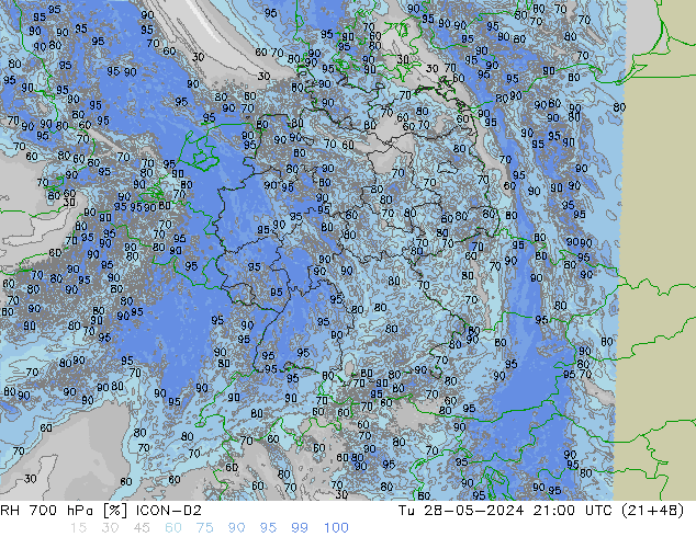 Humidité rel. 700 hPa ICON-D2 mar 28.05.2024 21 UTC