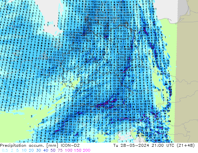 Precipitation accum. ICON-D2 Tu 28.05.2024 21 UTC