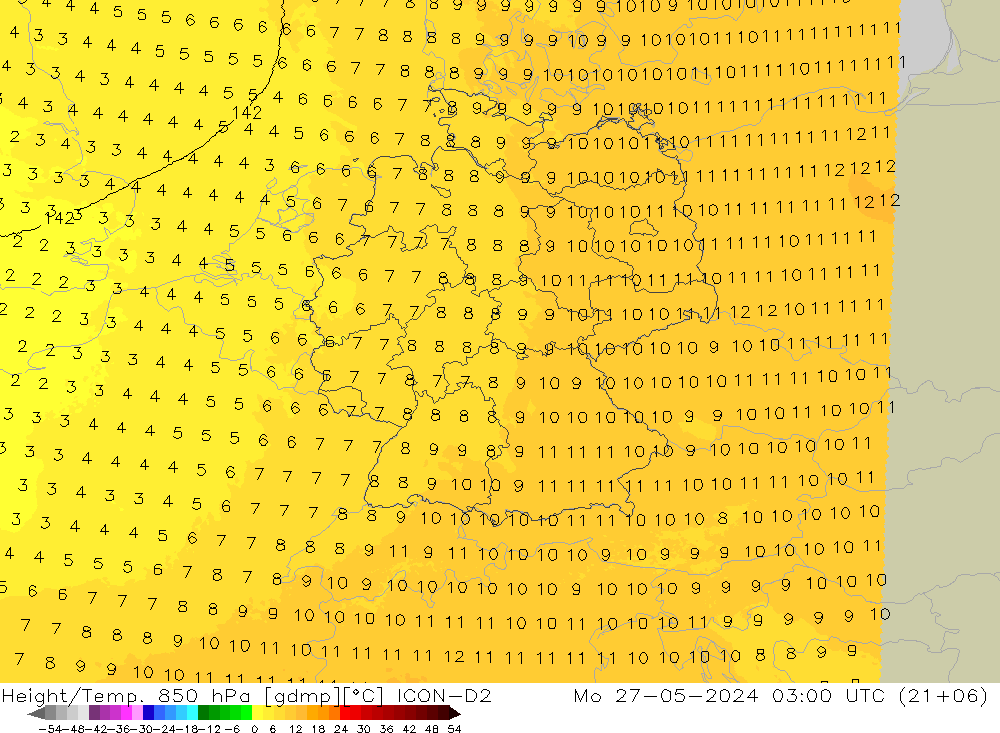Height/Temp. 850 hPa ICON-D2 星期一 27.05.2024 03 UTC