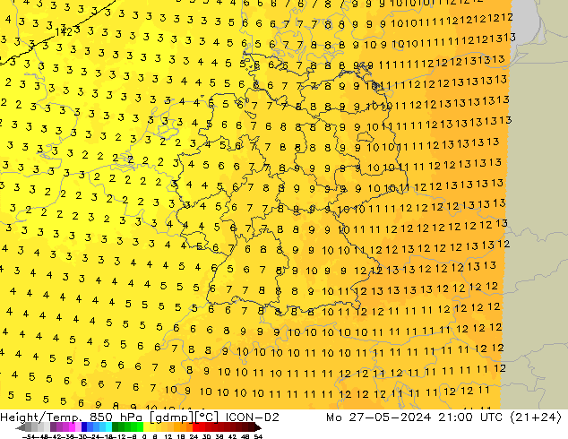 Height/Temp. 850 hPa ICON-D2 Mo 27.05.2024 21 UTC