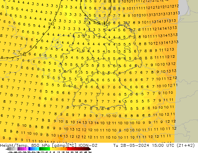 Height/Temp. 850 hPa ICON-D2 Tu 28.05.2024 15 UTC