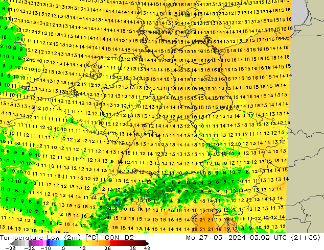 Temperature Low (2m) ICON-D2 Mo 27.05.2024 03 UTC