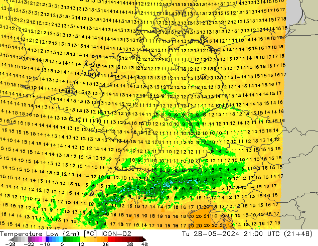 Temperature Low (2m) ICON-D2 Tu 28.05.2024 21 UTC