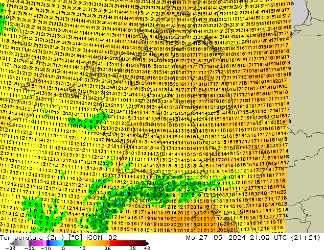 Temperatura (2m) ICON-D2 Seg 27.05.2024 21 UTC