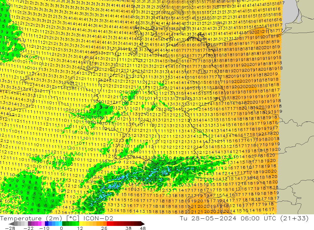 Temperatura (2m) ICON-D2 Ter 28.05.2024 06 UTC