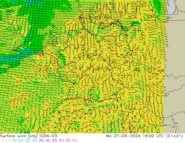 Vent 10 m ICON-D2 lun 27.05.2024 18 UTC