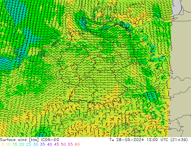 Surface wind ICON-D2 Út 28.05.2024 12 UTC