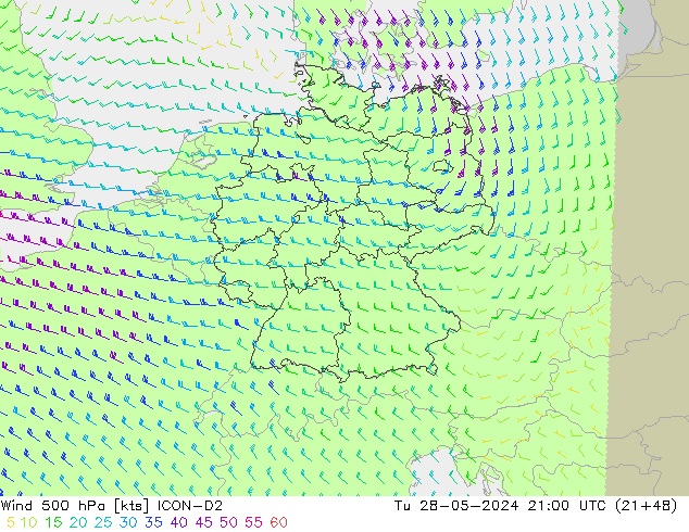 Vento 500 hPa ICON-D2 mar 28.05.2024 21 UTC