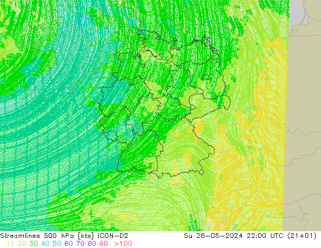 Stroomlijn 500 hPa ICON-D2 zo 26.05.2024 22 UTC