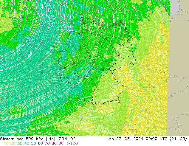 Línea de corriente 500 hPa ICON-D2 lun 27.05.2024 00 UTC